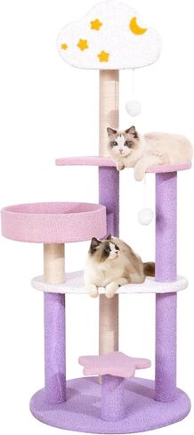 Cute Cat Tree, 49in Purple Cat Tower, Multi-Level Pink Cat Tree with Scratching Post & Toys with Moon Star Cloud for Kittens Small-Medium Cats, Purple&Pink in Saudi Arabia