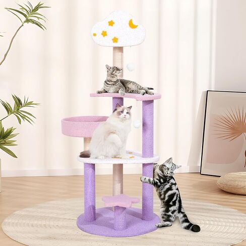 Cute Cat Tree, 49in Purple Cat Tower, Multi-Level Pink Cat Tree with Scratching Post & Toys with Moon Star Cloud for Kittens Small-Medium Cats, Purple&Pink in Saudi Arabia