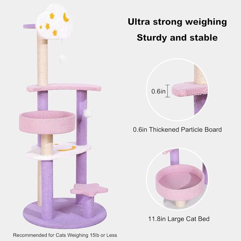 Cute Cat Tree, 49in Purple Cat Tower, Multi-Level Pink Cat Tree with Scratching Post & Toys with Moon Star Cloud for Kittens Small-Medium Cats, Purple&Pink in Saudi Arabia