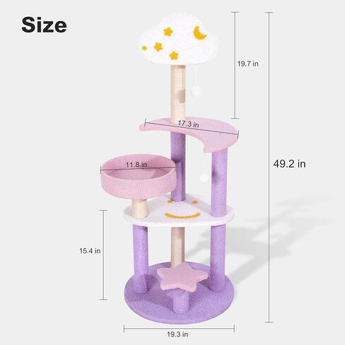 Cute Cat Tree, 49in Purple Cat Tower, Multi-Level Pink Cat Tree with Scratching Post & Toys with Moon Star Cloud for Kittens Small-Medium Cats, Purple&Pink in Saudi Arabia