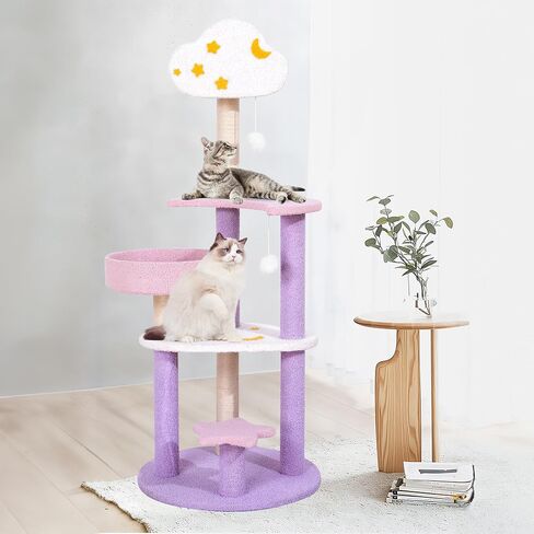 Cute Cat Tree, 49in Purple Cat Tower, Multi-Level Pink Cat Tree with Scratching Post & Toys with Moon Star Cloud for Kittens Small-Medium Cats, Purple&Pink in Saudi Arabia