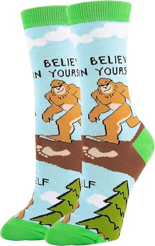 ooohyeah Women’s Novelty Bigfoot Crew Socks, Crazy Funny Cotton Dress Socks Stocking Stuffer Gift - Believe, Shoe Size 5-10 in Saudi Arabia