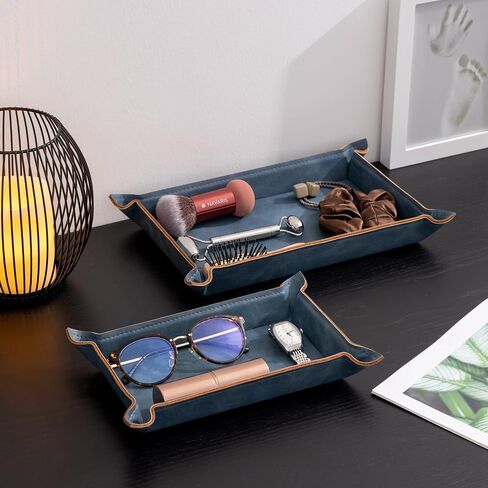 Navaris Faux Leather Tray Set - 2 Valet Organizer Trays for Bedside Table Desk with Dividers- Store Keys, Change, Wallet, Phone, Glasses - Gray in Saudi Arabia