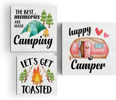 علامات صندوق خشبي للتخييم، 3 قطع، صينية متدرجة تحت عنوان المخيم، علامات خشبية ديكور، أقوال معسكر، علامات كتلة خشبية، مجموعة طاولة محورية، ديكور للتخييم لمكتب الرف المنزلي in Kuwait