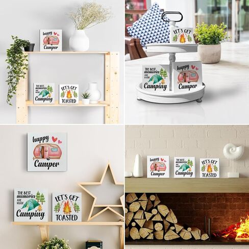 علامات صندوق خشبي للتخييم، 3 قطع، صينية متدرجة تحت عنوان المخيم، علامات خشبية ديكور، أقوال معسكر، علامات كتلة خشبية، مجموعة طاولة محورية، ديكور للتخييم لمكتب الرف المنزلي in Kuwait