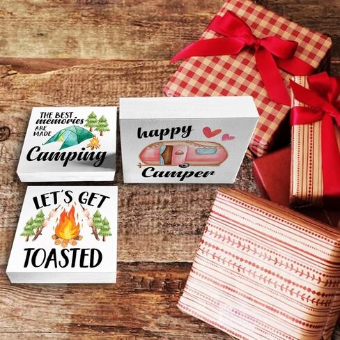 علامات صندوق خشبي للتخييم، 3 قطع، صينية متدرجة تحت عنوان المخيم، علامات خشبية ديكور، أقوال معسكر، علامات كتلة خشبية، مجموعة طاولة محورية، ديكور للتخييم لمكتب الرف المنزلي in Kuwait