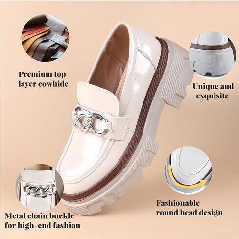 ADAMUM المتسكعون للنساء العروة وحيد منصة منتصف مكتنزة المتسكعون الكلاسيكية جولة اصبع القدم الانزلاق على مكتب سلسلة أحذية جلدية بدون كعب مريحة بيني عارضة الأحذية in Kuwait