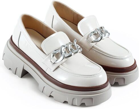 ADAMUM المتسكعون للنساء العروة وحيد منصة منتصف مكتنزة المتسكعون الكلاسيكية جولة اصبع القدم الانزلاق على مكتب سلسلة أحذية جلدية بدون كعب مريحة بيني عارضة الأحذية in Kuwait