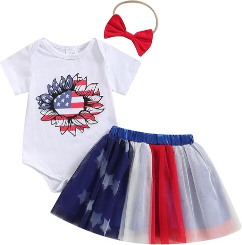 BemeyourBBs Newborn Baby Girl 4th of July Outfit Sunflower Romper Red White and Blue Tutu Skirt Set Headband Summer Clothes in Saudi Arabia