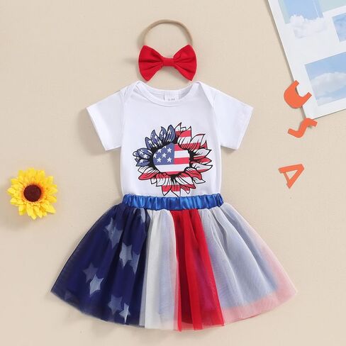 BemeyourBBs Newborn Baby Girl 4th of July Outfit Sunflower Romper Red White and Blue Tutu Skirt Set Headband Summer Clothes in Saudi Arabia