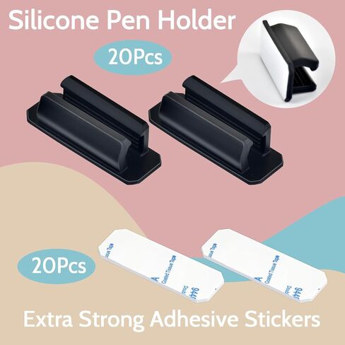 20 Pack Pen Holder Silicone,Adhesive Pen Holder for Desk,Marker Clip for Classroom Office Desk Accessories, Pencil Holder with 20 Double Sided Extra Sticky Tape (Black) in Saudi Arabia