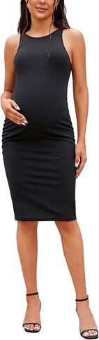 DEBELLY فستان الأمومة بدون أكمام للنساء فساتين ضيقة للحمل ورقبة دائرية جانبية مكشكشة فستان ماما بدون أكمام صيفي غير رسمي in Kuwait