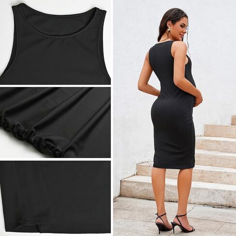 DEBELLY فستان الأمومة بدون أكمام للنساء فساتين ضيقة للحمل ورقبة دائرية جانبية مكشكشة فستان ماما بدون أكمام صيفي غير رسمي in Kuwait