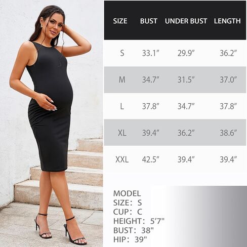 DEBELLY فستان الأمومة بدون أكمام للنساء فساتين ضيقة للحمل ورقبة دائرية جانبية مكشكشة فستان ماما بدون أكمام صيفي غير رسمي in Kuwait