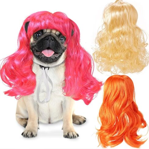 3 Pieces Pet Wigs Cats and Dogs Wigs Funny Cosplay Pet Headwear Dog Cat Wigs in Pink Orange Gold with Adjustable Elastic Bands for Pet Dog Cat Holiday Party Cosplay Costumes in Kuwait