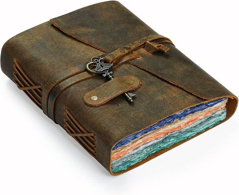 Vintage leather Journal for Women Men - 200 Pages- 6X4(A6) inches - 5 Color Deckle Edge Paper of 180 GSM - Book of Shadows - Brown Leather Bound Journal by Leather Village in Saudi Arabia