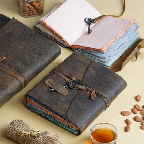 Vintage leather Journal for Women Men - 200 Pages- 6X4(A6) inches - 5 Color Deckle Edge Paper of 180 GSM - Book of Shadows - Brown Leather Bound Journal by Leather Village in Saudi Arabia