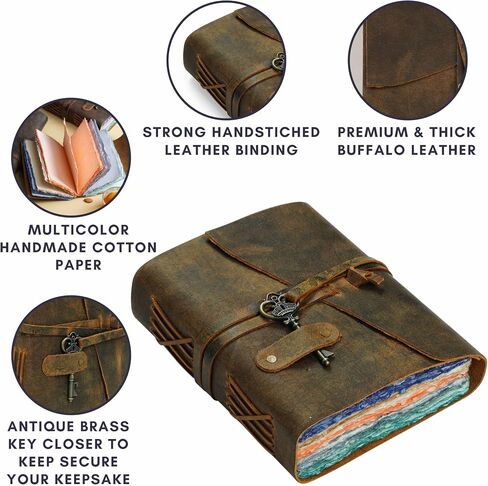Vintage leather Journal for Women Men - 200 Pages- 6X4(A6) inches - 5 Color Deckle Edge Paper of 180 GSM - Book of Shadows - Brown Leather Bound Journal by Leather Village in Saudi Arabia