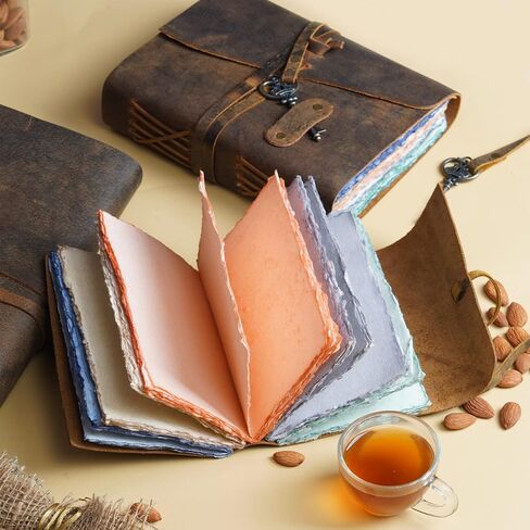 Vintage leather Journal for Women Men - 200 Pages- 6X4(A6) inches - 5 Color Deckle Edge Paper of 180 GSM - Book of Shadows - Brown Leather Bound Journal by Leather Village in Saudi Arabia