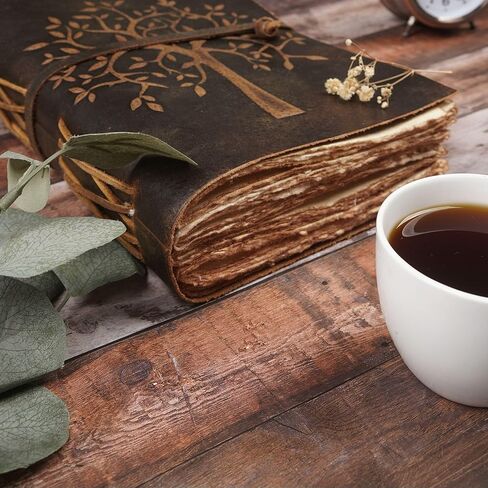 قرية الجلود مجلة جلدية خمر شجرة الحياة - مجلة جلدية ملزمة - ورقة حافة Deckle خمر - كراسة الرسم - مجلة للنساء والرجال - كتاب الظلال (بني متعثر، 8 بوصات × 6 بوصات) in Kuwait