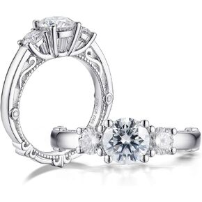DovEggs 3 Stone Moissainte Engagement Rings for Women 1.5ct Center 4mm-6.5mm-4mm GHI Color Heart Arrows Cut Moissanite Vintage/Antique Wedding Ring Anniversary 14k Gold QUALITY Sterling Silver