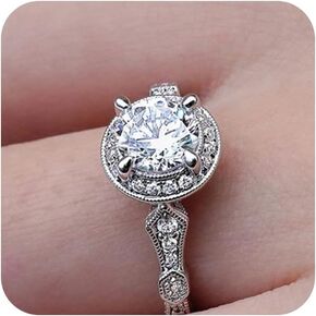 Gixaxak Sterling Silver Vintage Ring Luxury Jewelry Round Diamond Cushion-Shaped Faceted Ring Fashion Wild White Gold 18K Zircon Ring Wedding or Engagement Ring for Women