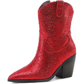 Women's Rhinestone Boots Chunky Block Heel Pointed Toe Medium Heel Ankle Boots Detail Sparkly Diva Ankle Booties