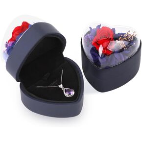 iSuperb Heart Shape Pendant Box Preserved Flower Rose Necklace Case Velvet Jewelry Box Gift Box for Valentine's Day Mother's Day Wedding Anniversary Birthday (Pink)