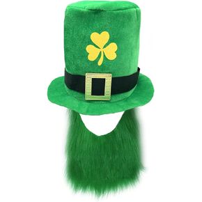 St. Patrick's Day Top Hat Beard Shamrock Clover Cap Headpiece Women Men Green Party Hat for Halloween Carnival Birthday Leprechaun Irish Day Holiday Festival Parade Cosplay Costume Dress up Accessory