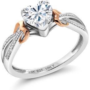 Gem Stone King 925 Sterling Silver and 10K Rose Gold White Heart Shape Moissanite and White Diamond Engagement Ring For Women (0.81 Cttw, Available In Size 5, 6, 7, 8, 9)