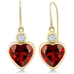 Gem Stone King 14K Yellow Gold Red Garnet and White Zirconia Earrings For Women (4.22 Cttw, Gemstone January Birthstone, Heart Shape 8MM and, Round 3MM)