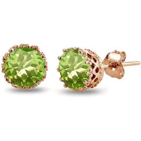Rose Gold Flashed Sterling Silver Genuine, Created or Simulated Birthstone Gemstone Crown Stud Earrings