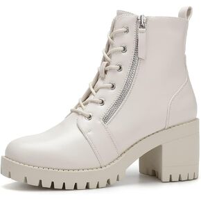 EETTARO Women's Fashion Chunky Heel Ankle Boots Lug Sole Lace Up Boot Ladies Side Zip Round Toe Anti-Slip Booties