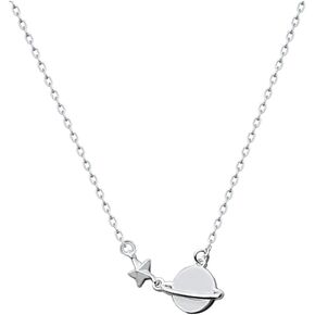 Cute Planet Saturn Star Necklace Tiny 925 Sterling Silver Pendant Choker Necklaces for Women Teen Girls Small Chain Necklace Dainty Delicate Jewelry Gifts for Daughter Bff Birthday 17"