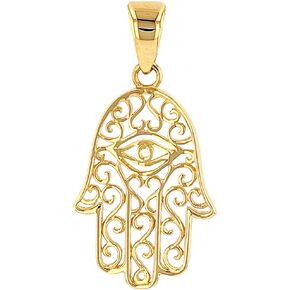 Jewelry America Solid 14K Yellow Gold Filigree Hamsa Hand of Fatima with Evil Eye Charm Pendant