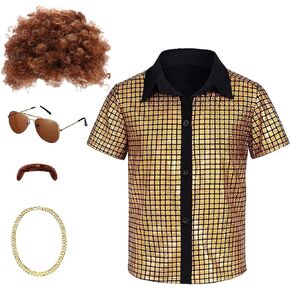 5 Pcs Kids 60s 70s Disco Costume Set Sequins Shirts Afro Wig Beard Gold Necklace Glasses Boys Halloween Party Cosplay