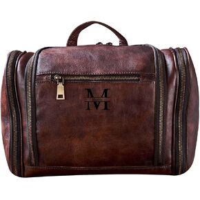Toiletry Bag for Men Women with Hanging Hook,Full Grain Leather Customized Handcrafted Vintage Travel Dopp Kit,Leather Toiletry Cosmetic Pouch,Large Shaving Bag Brown