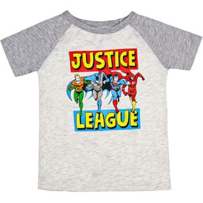 DC Comics Boys' Justice League Superhero Lineup Collectible Raglan Kids Youth Graphic T-Shirt