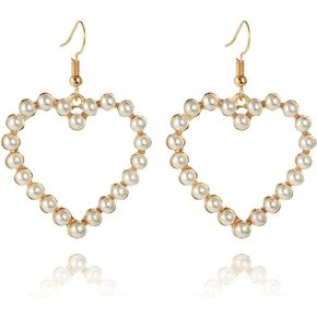 Big Heart Pearl Earrings for Women Girls Gold Silver Plated Vintage Elegant Simulated Shell Pearl Love Shape Beaded Dangle Drop Earrings for Wedding Bride Valentine Birthday Fashion Jewelry Gifts