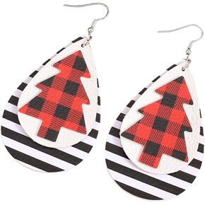 Red White Black Leather Teardrop Christmas Tree Earrings for Women Girls Lightweight Big Layered Plaid Stripe Statement Dangle Drop Hook Stud Nickle Free Jewelry Gifts Christmas New Year Holiday