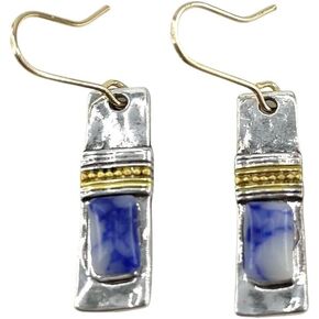 Unique Handmade Bohemian Enamel Earrings Vintage Matt Silver Bar Dangle Earrings Chic Blue Gemstone Geometric Square Drop Statement Earrings