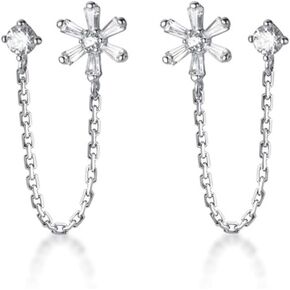Sweet Flower Stud Earrings S925 Sterling Silver CZ Crystal Rhinestone Tassel Chain Dangle Drop Wedding Earring Fashion Jewelry for Women Girls Two Ear Holes Hypoallergenic