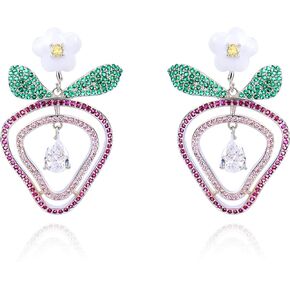 Cute Pink Hollow Strawberry Earrings for Women Dangle Sweet Strawberry Earrings with White Flower and Green Leaf Teardrop Crystal Colorful Fruit Statement Earrings for Party Jewelry Gifts for Girls