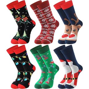 Eurzom 6 Pairs Men's Christmas Socks Novelty Christmas Socks Classic Santa Socks Xmas Holiday Crew Socks for Men Boys