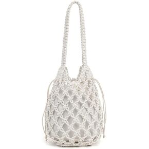 Woven Bucket Handbag for Women, Summer Beach Tote Bag Drawstring Shoulder Bag, Cute Handmade Bucket Bag for Travel Beach
