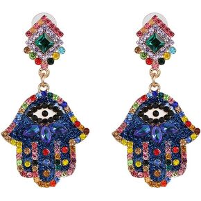 Crystal Hamsa Hand of Fatima Dangle Earrings for Women Girls Colorful Cubic Zirconia Big Evil Eye Statement Drop Dangling Stud Lightweight Boho Lucky Protection Jewelry Gifts