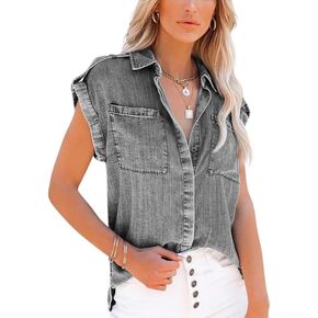 chouyatou Women's Casual Distressed Button Down Sleeveless Denim Jean Shirt Tops