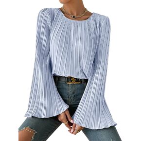 Vrtige Women's Casual Round Neck Pleated Bell Long Sleeve Blouse Shirt Top