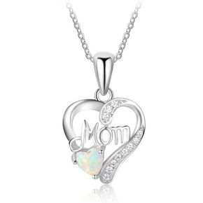 Sterling Silver Create Opal and Heart Shape Pendant Necklace Gift for Mom (White)
