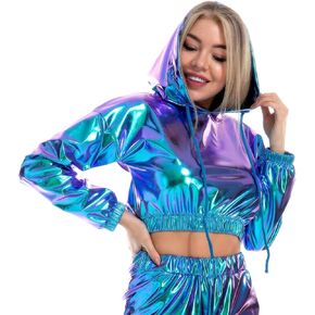 OBEEII Womens Shiny Metallic Crop Top Hoodies Drawstring Long Sleeve Wet Look Pullover Holographic Sweatshirts Club Wear